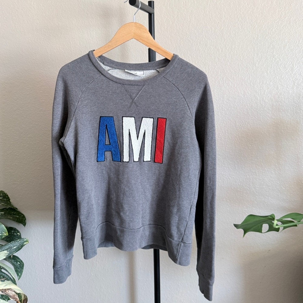 AMI Alexandre Mattiussi Grey Chenille Logo Sweatshirt H14J00.7 Mens XS Womens S